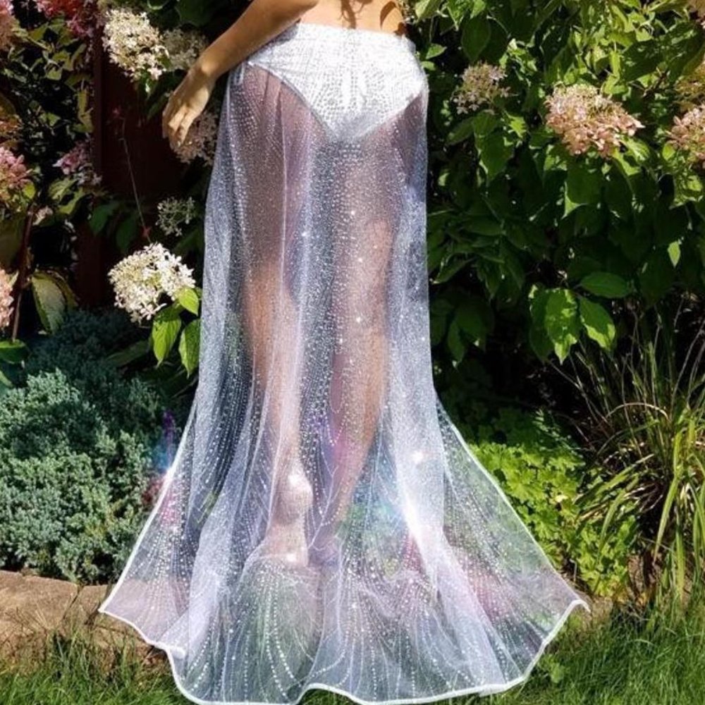 Silver White Glitter Sheer Mesh Skirt